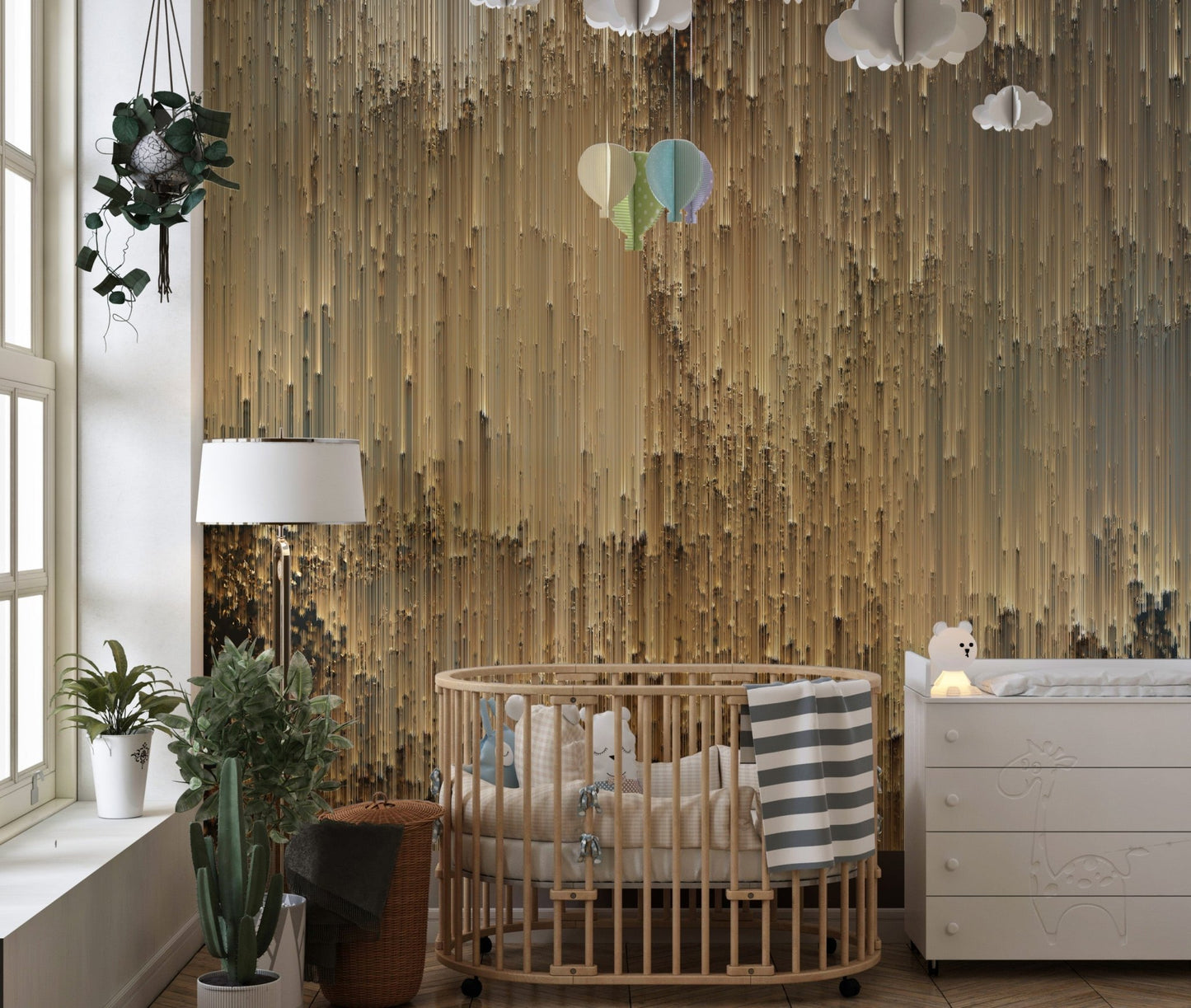 Sleek golden pixel wall mural adding a touch of opulence in nursery.
