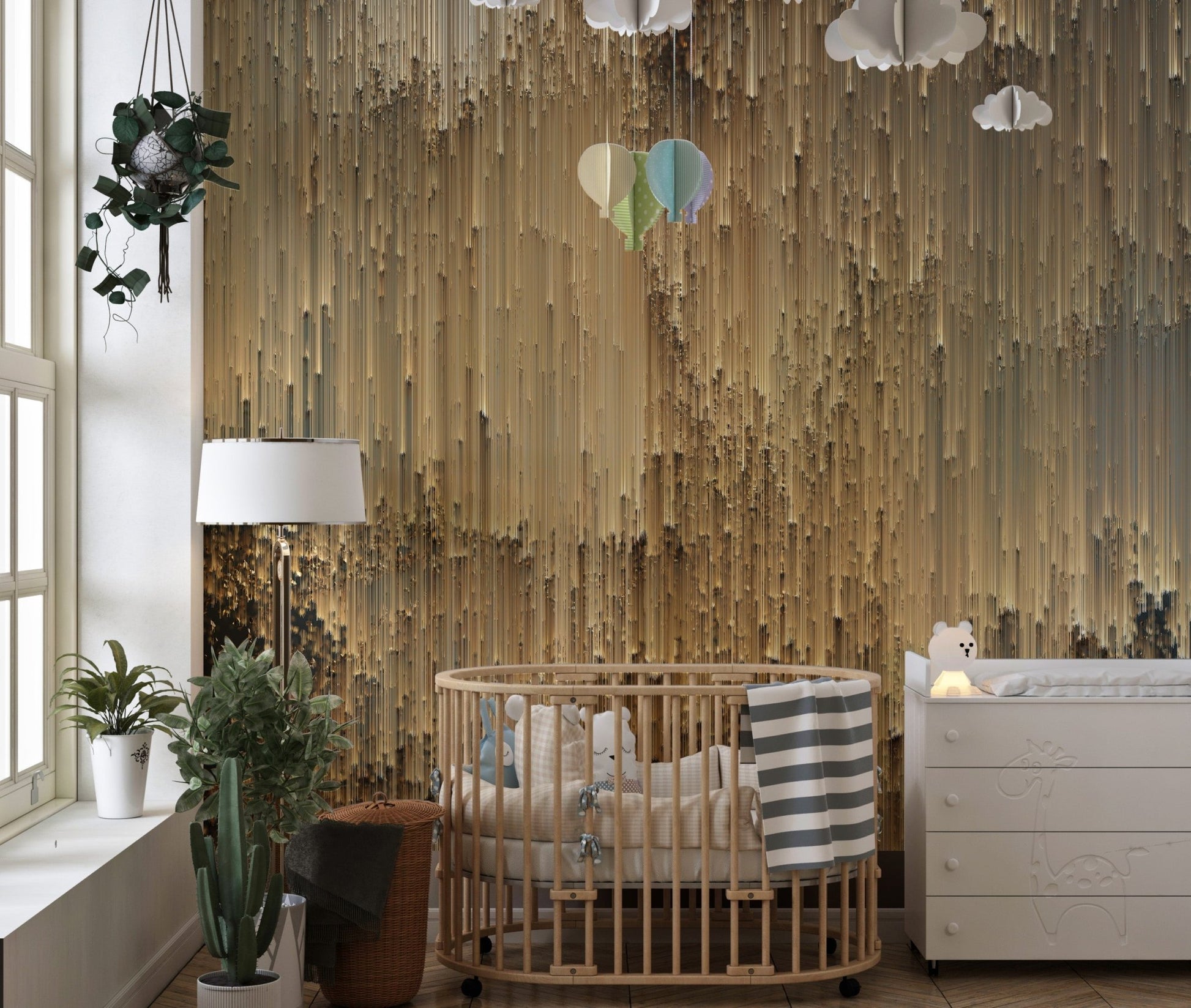 Sleek golden pixel wall mural adding a touch of opulence in nursery.
