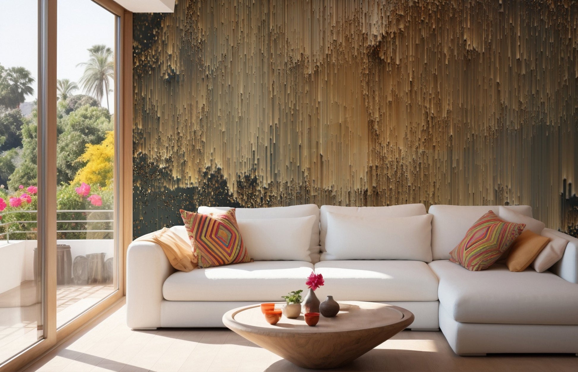 Golden pixel mural creating a sophisticated wall ambiance in sitting area.
