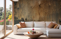 Golden pixel mural creating a sophisticated wall ambiance in sitting area.
