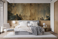 Removable golden pixel mural perfect for glamorous bedroom spaces.
