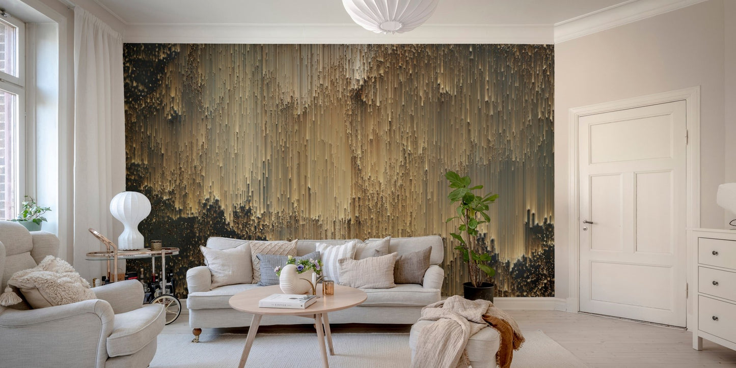 Abstract golden pixel wall mural for a chic and elegant look in living area.
