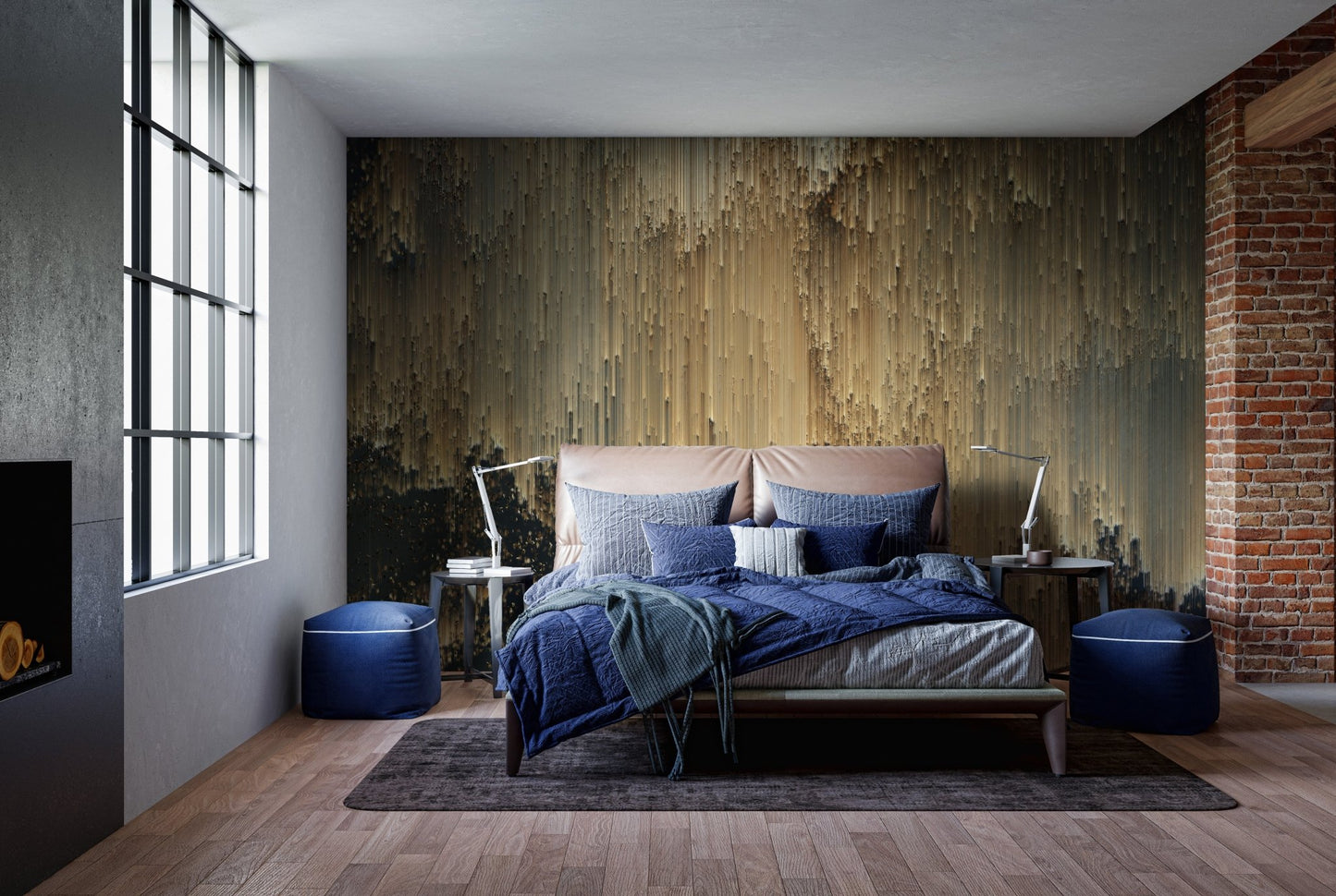 Removable wall mural with radiant golden pixel patterns in bedroom.
