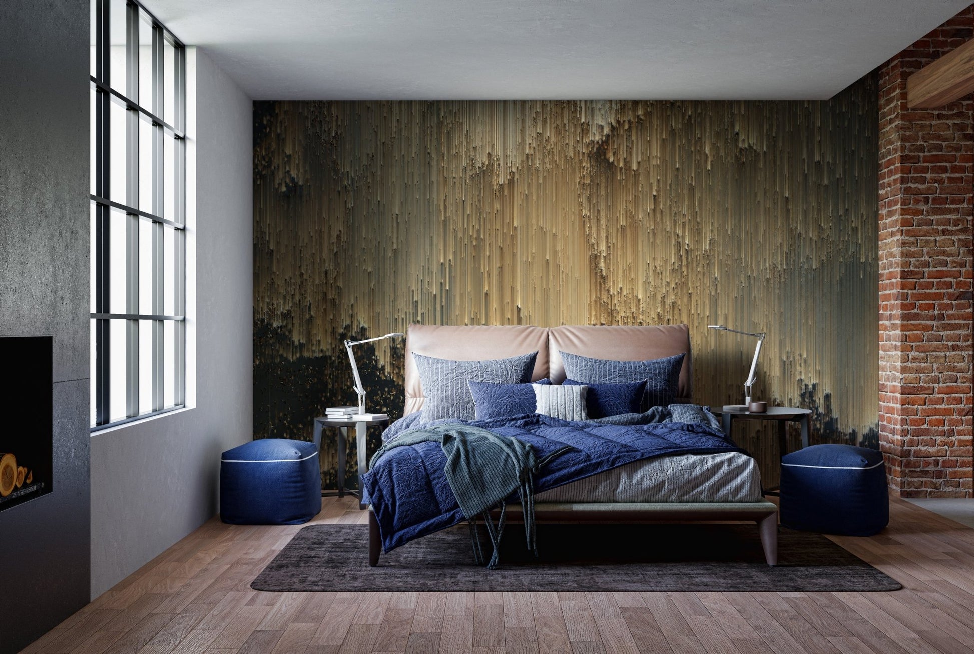 Removable wall mural with radiant golden pixel patterns in bedroom.
