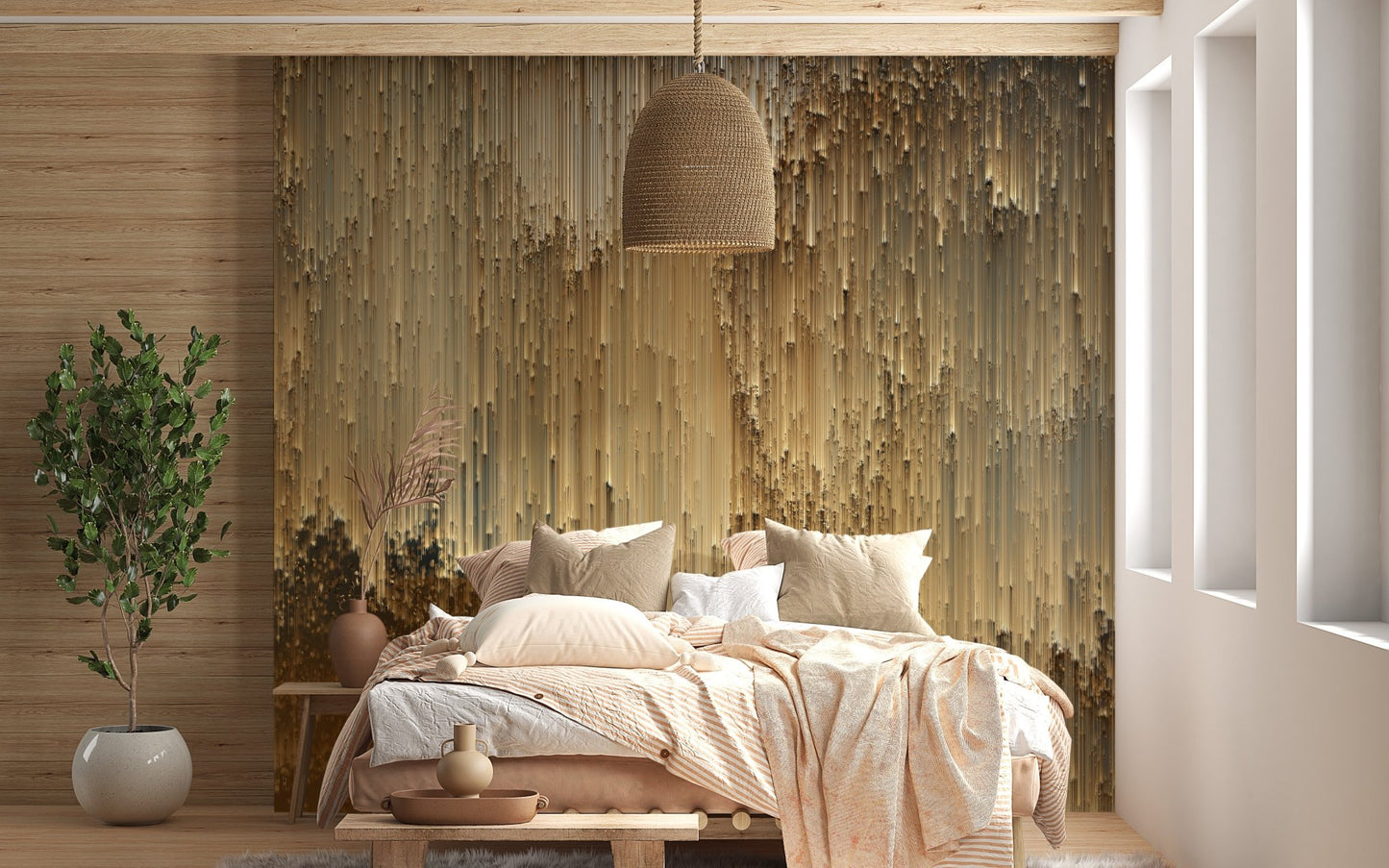 Minimalist bedroom featuring a golden and brown digital print wall mural


