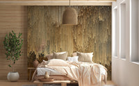 Minimalist bedroom featuring a golden and brown digital print wall mural


