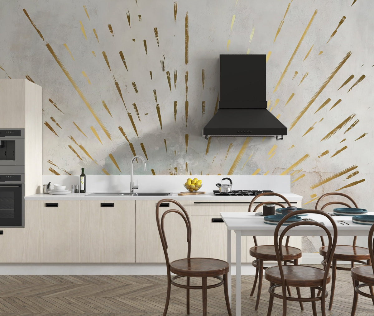 Golden streaks wallpaper mural with abstract sunburst in neutral tones.