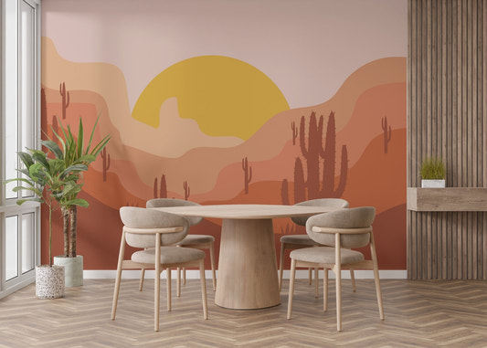 Golden sun cactus wall mural with warm sunset tones and cactus silhouettes.