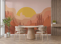 Golden sun cactus wall mural with warm sunset tones and cactus silhouettes.