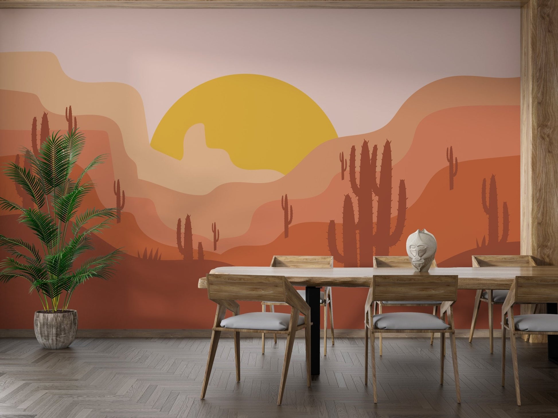 Matte finish wall mural with brown cactus silhouettes and sun disk.