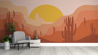 Golden desert wall mural with layered hills and bold cactus forms.