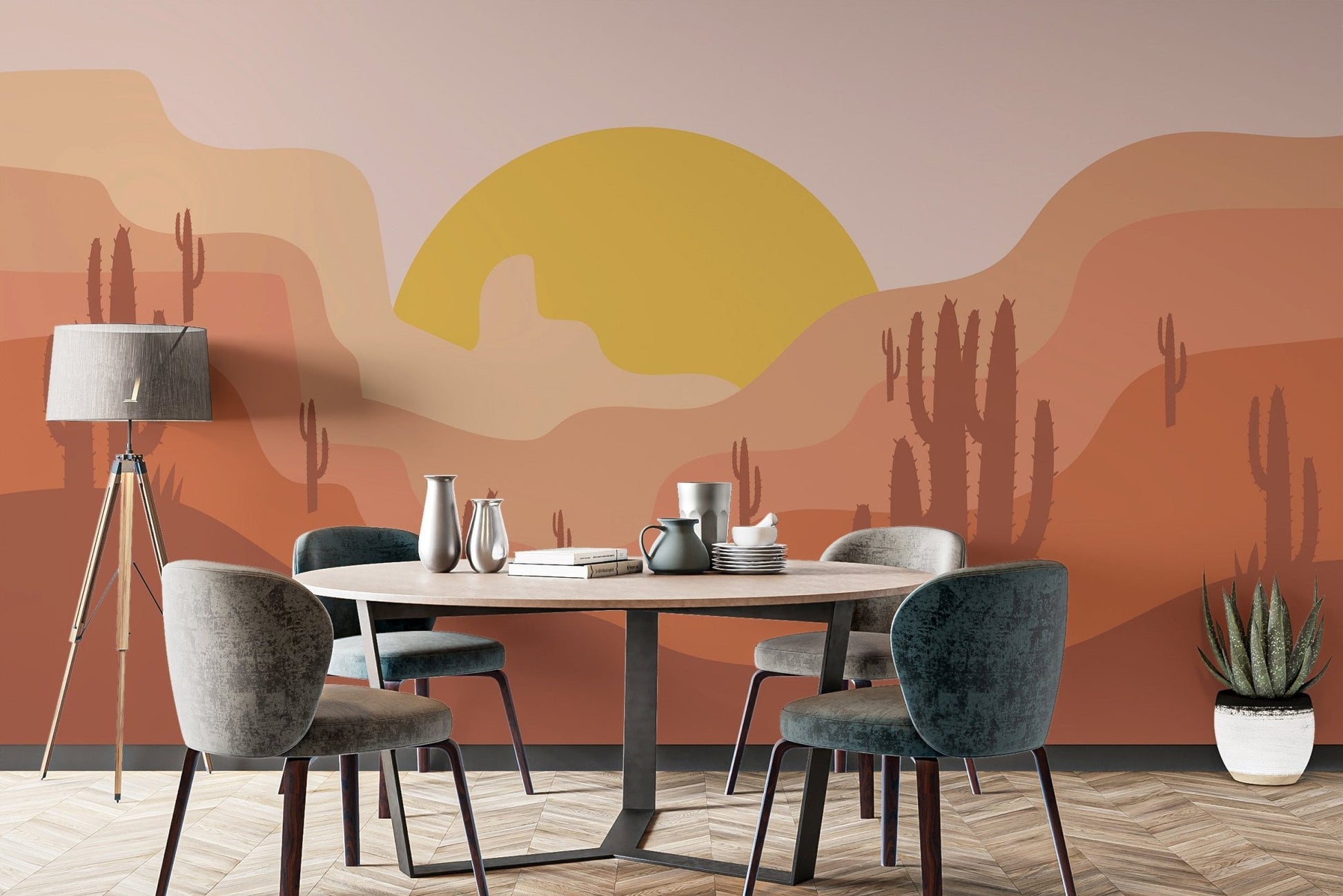 Contemporary wall mural with cactus shapes and sunset backdrop.