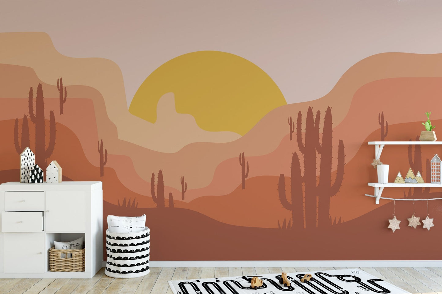 Desert sunset wallpaper in terracotta and ochre layered landscape design.