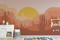 Desert sunset wallpaper in terracotta and ochre layered landscape design.