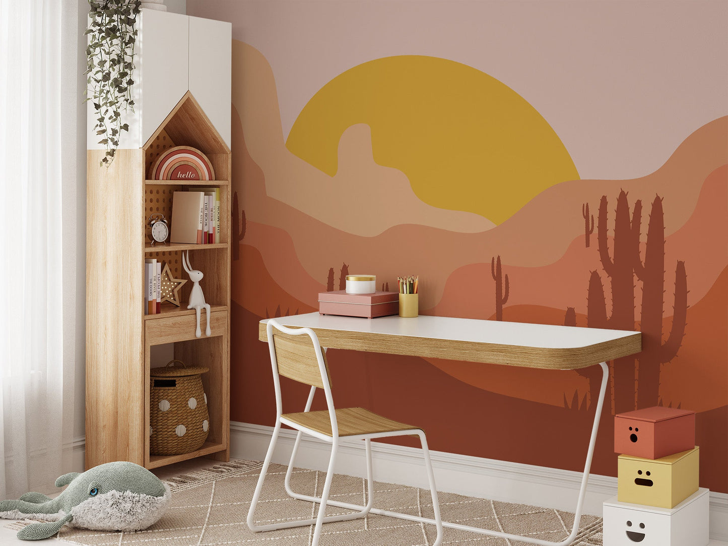 Modern cactus wall mural with golden sun and earthy color palette.