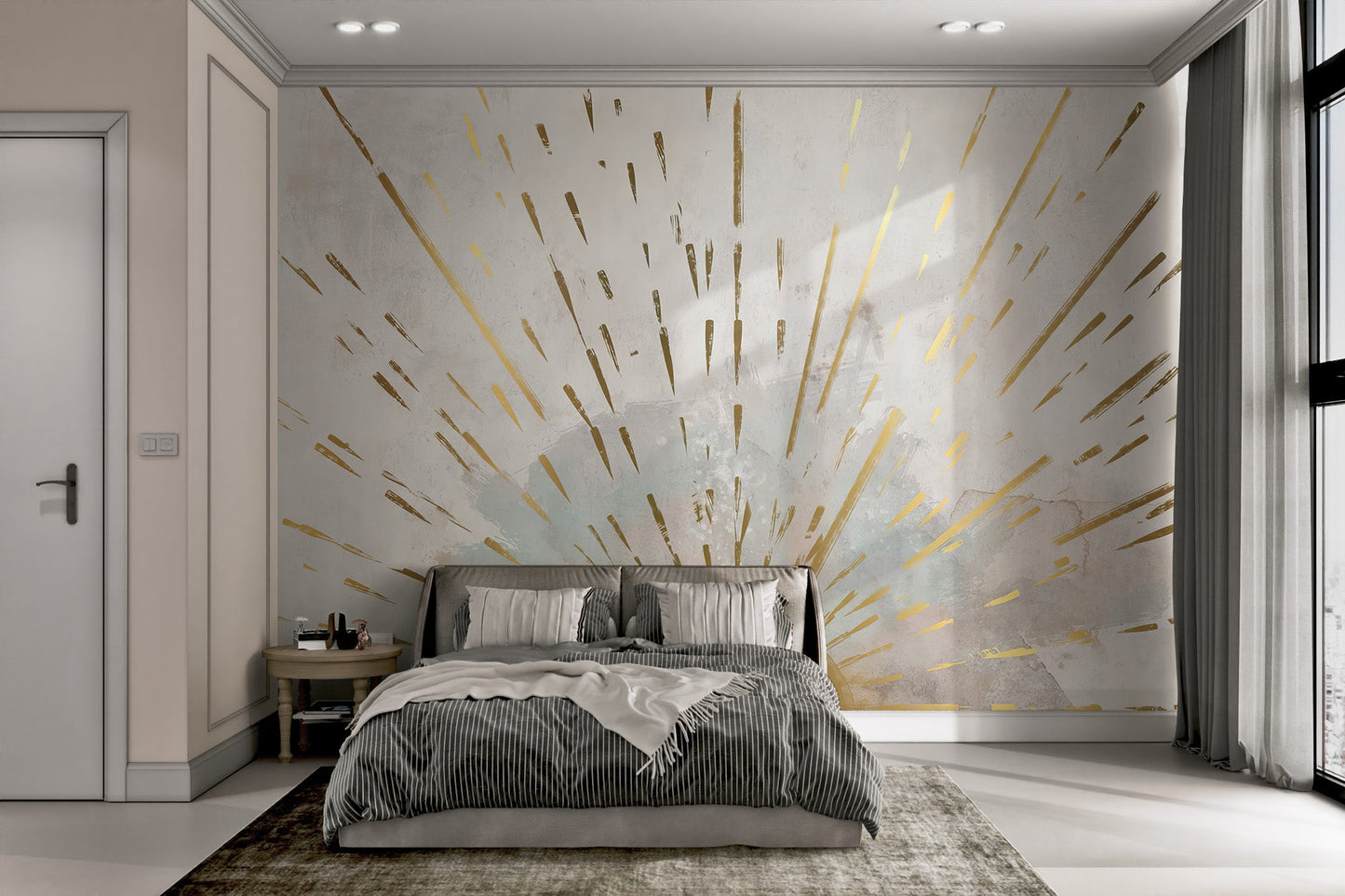 Contemporary abstract sun wall mural with gold accents and neutral tones.
