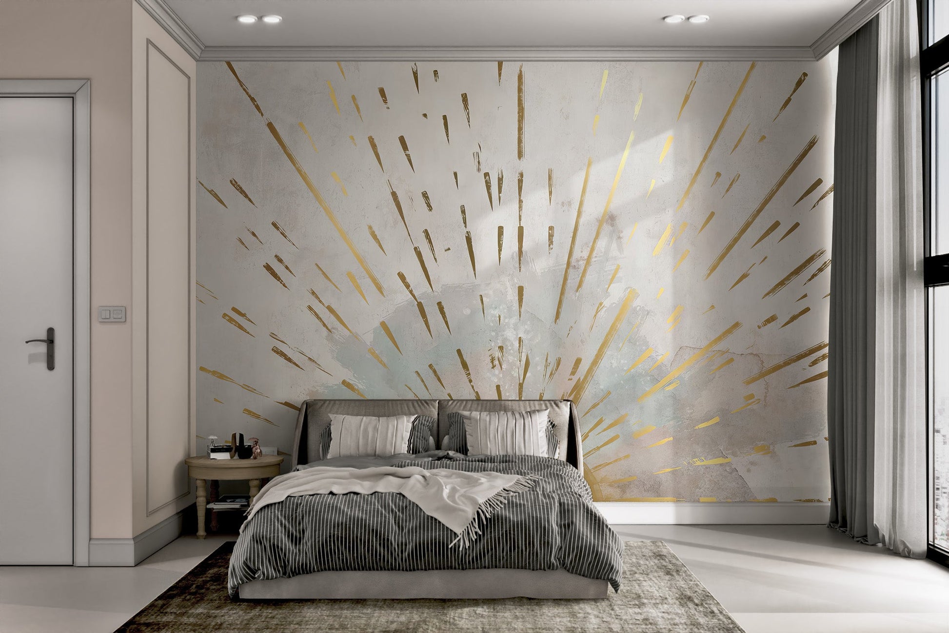Contemporary abstract sun wall mural with gold accents and neutral tones.