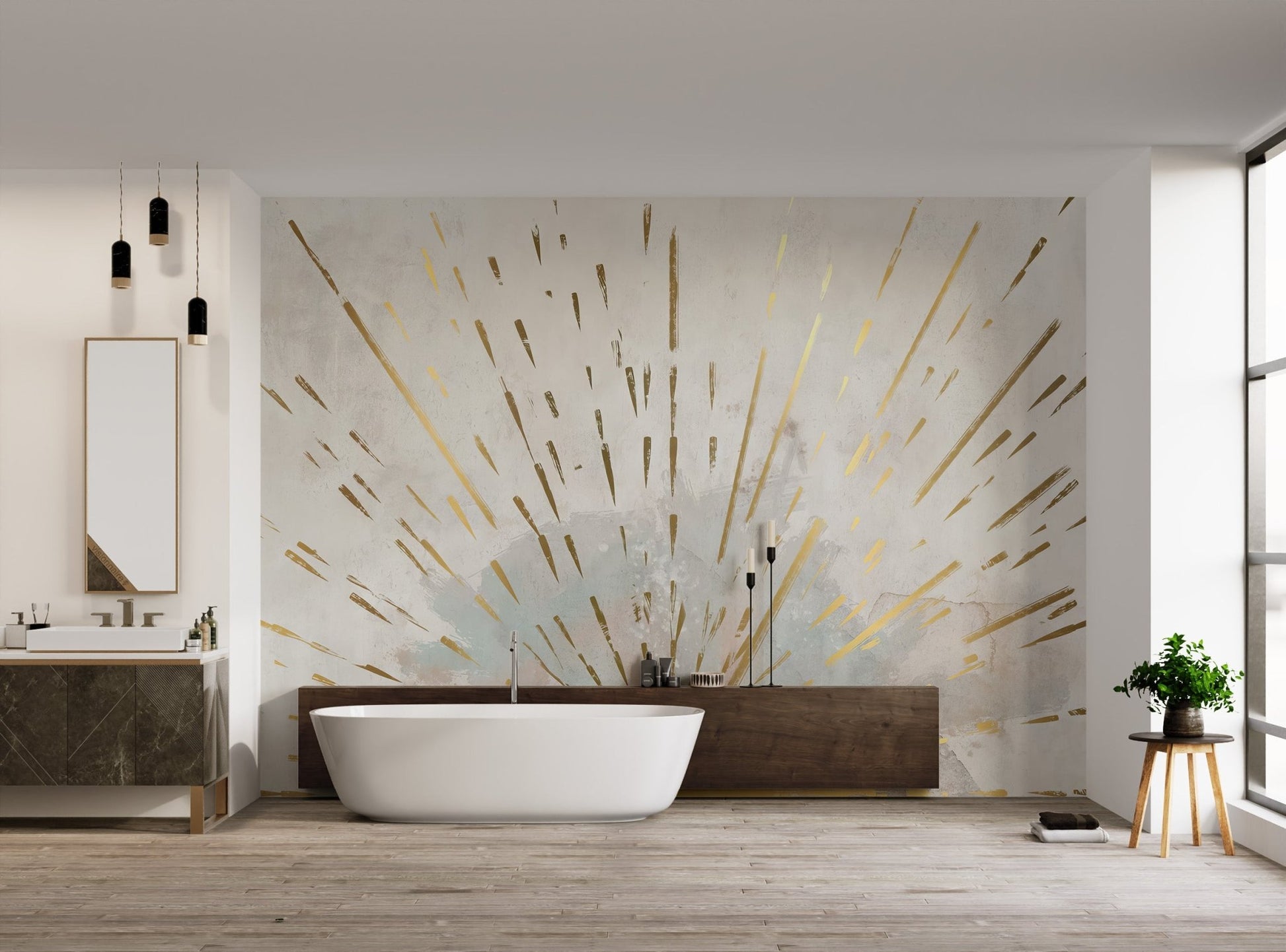 Modern bathroom wall mural showing a large gold sun with brush strokes.