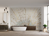 Modern bathroom wall mural showing a large gold sun with brush strokes.