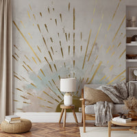 Abstract sun rising wall mural in blue pink and grey for a living room.
