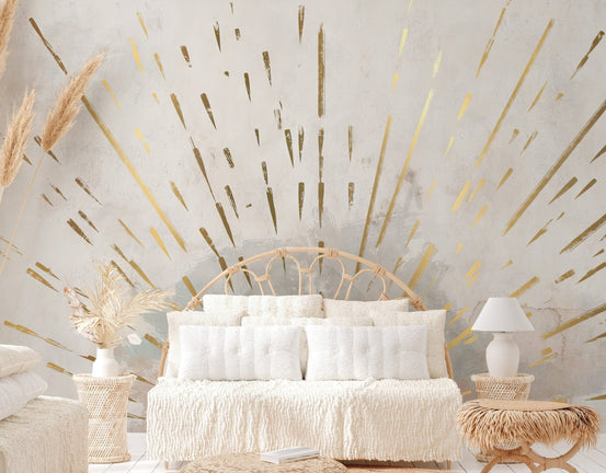 Golden sun rays bursting from the horizon in an abstract wall mural.