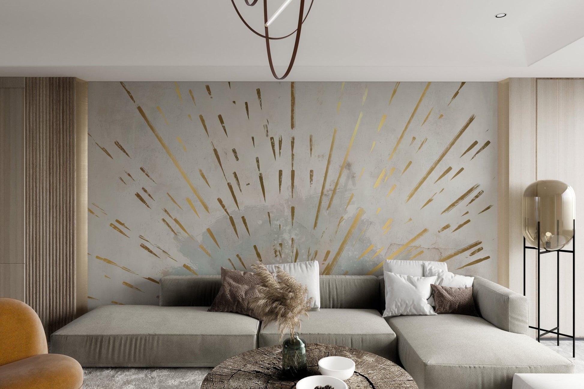 Textured watercolor wall mural with stylized gold sun for bright living space.