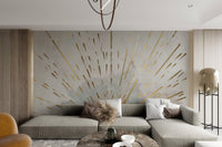 Textured watercolor wall mural with stylized gold sun for bright living space.