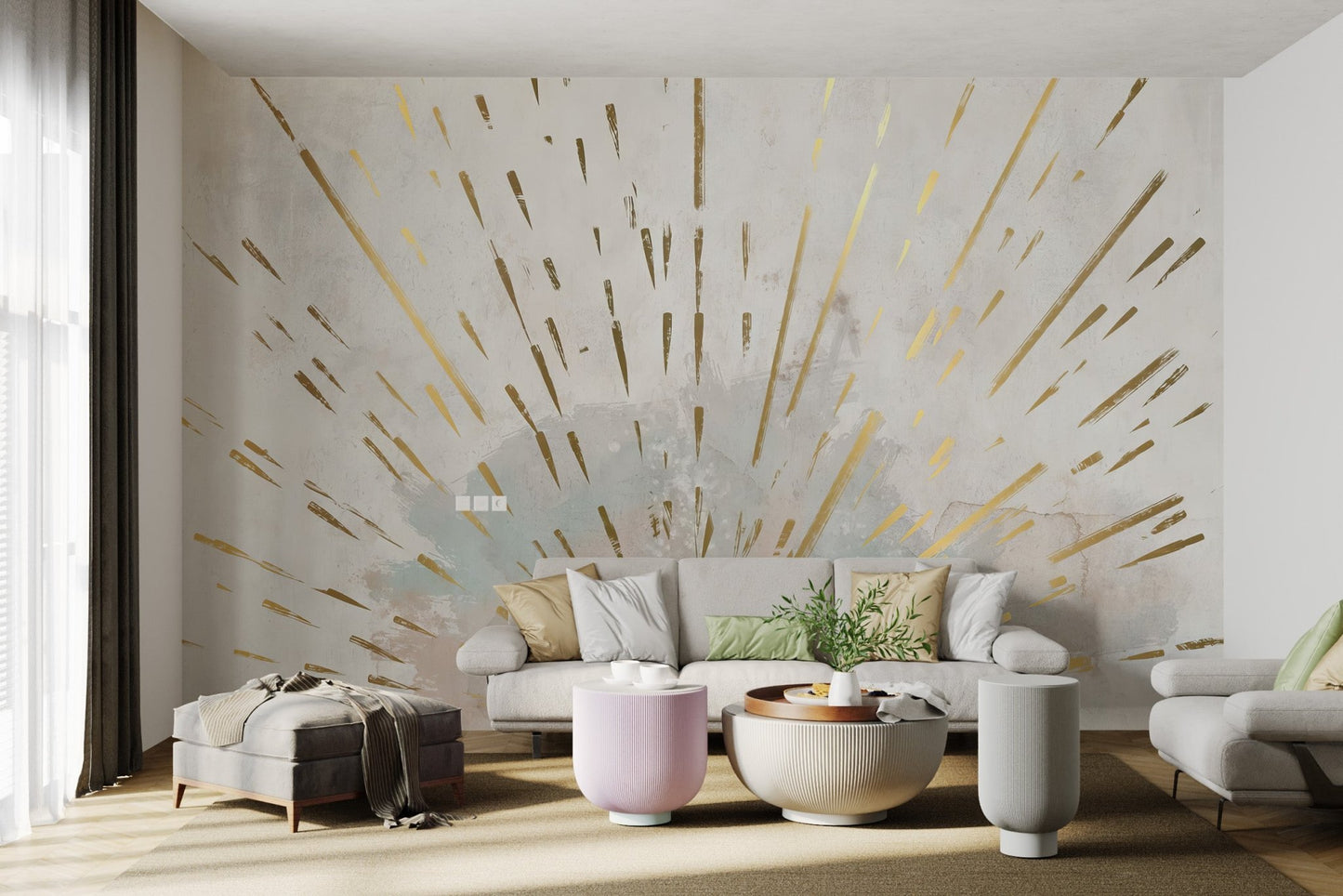 Large scale golden sun wall mural with central orb and gold light rays.