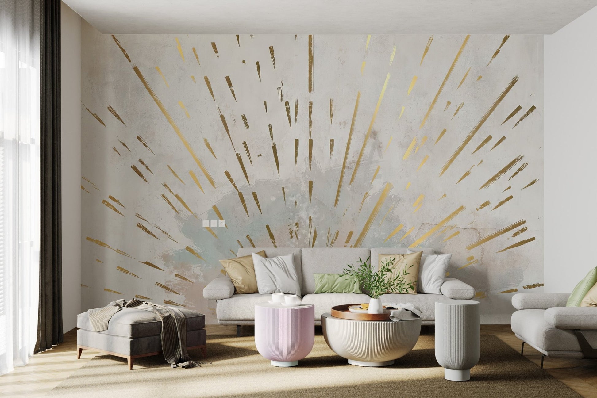 Large scale golden sun wall mural with central orb and gold light rays.