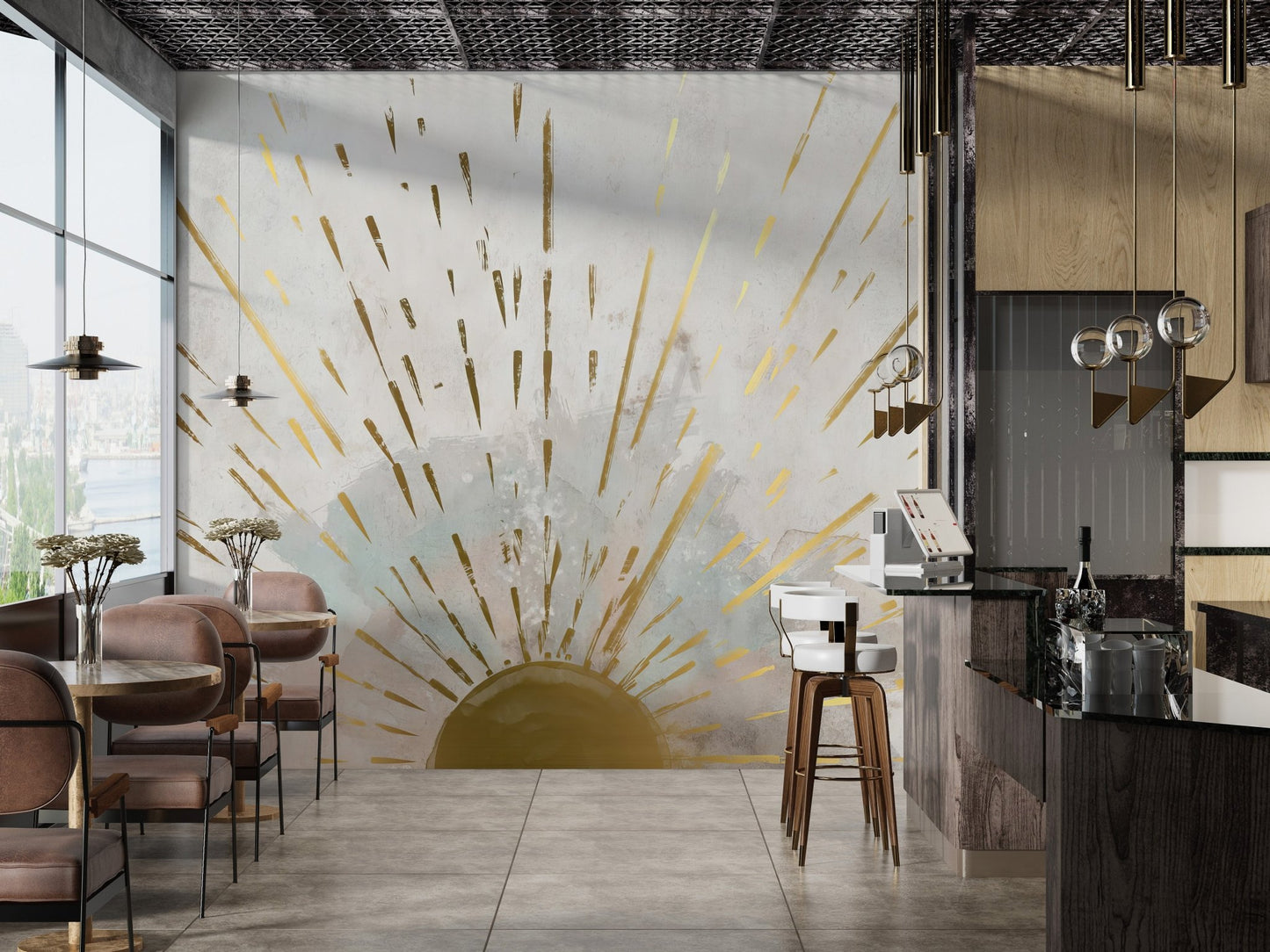 Abstract sun rising wall mural with shimmering gold accents in dining room