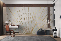 Minimalist gold sunburst wall mural with blush watercolor for study area.