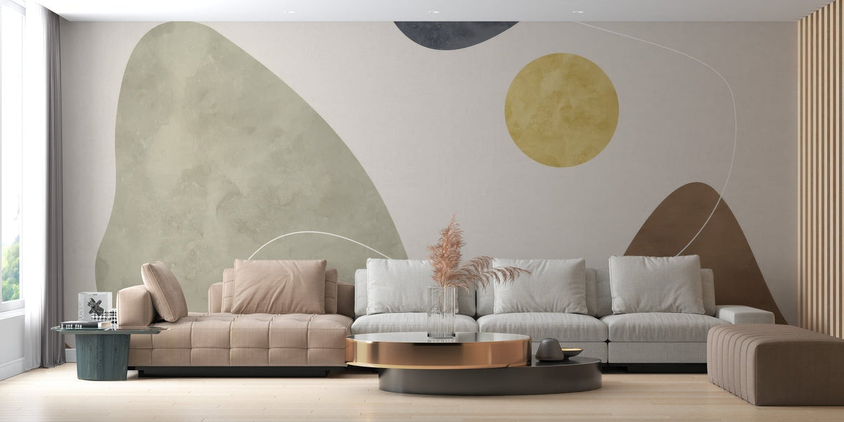 Golden sun wallpaper mural with abstract shapes in earth tone color.