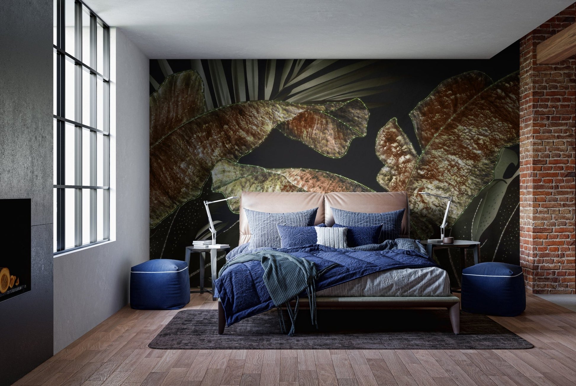 Dark bedroom with blue accents and large scale botanical leaves wall mural.
