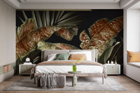 Bedroom featuring a low bed and dark golden leaf wall mural.