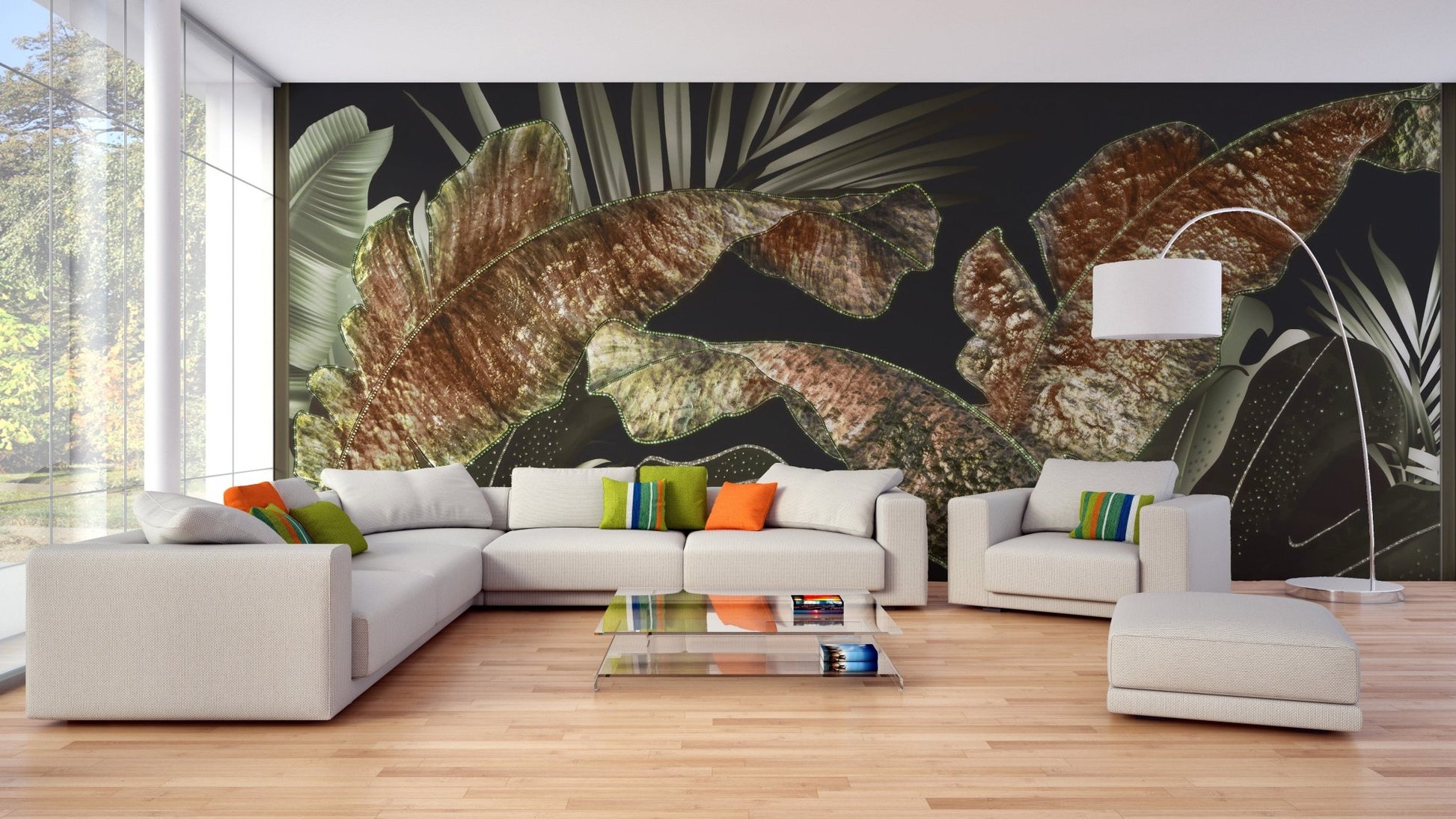 Sunlight hitting a white sectional sofa near a tropical leaf wall mural.