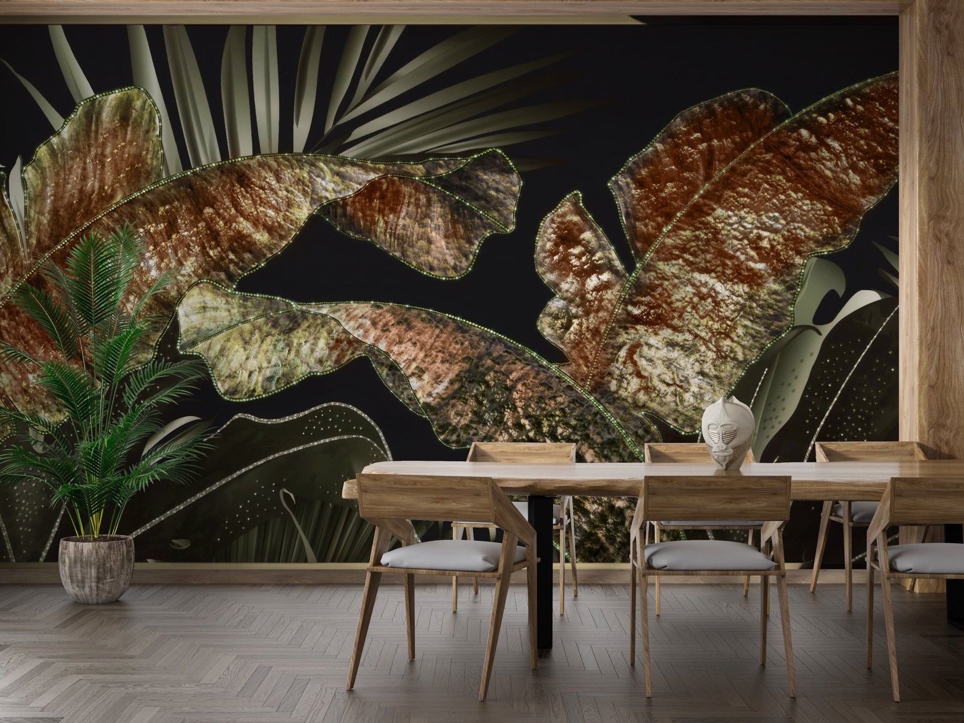 Dining room with wooden furniture and large leaves wall mural.