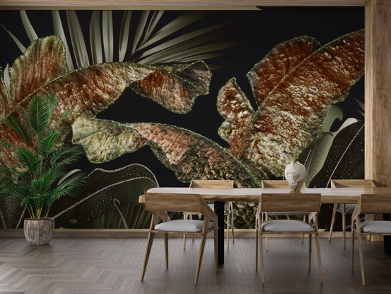 Dining room with wooden furniture and large leaves wall mural.