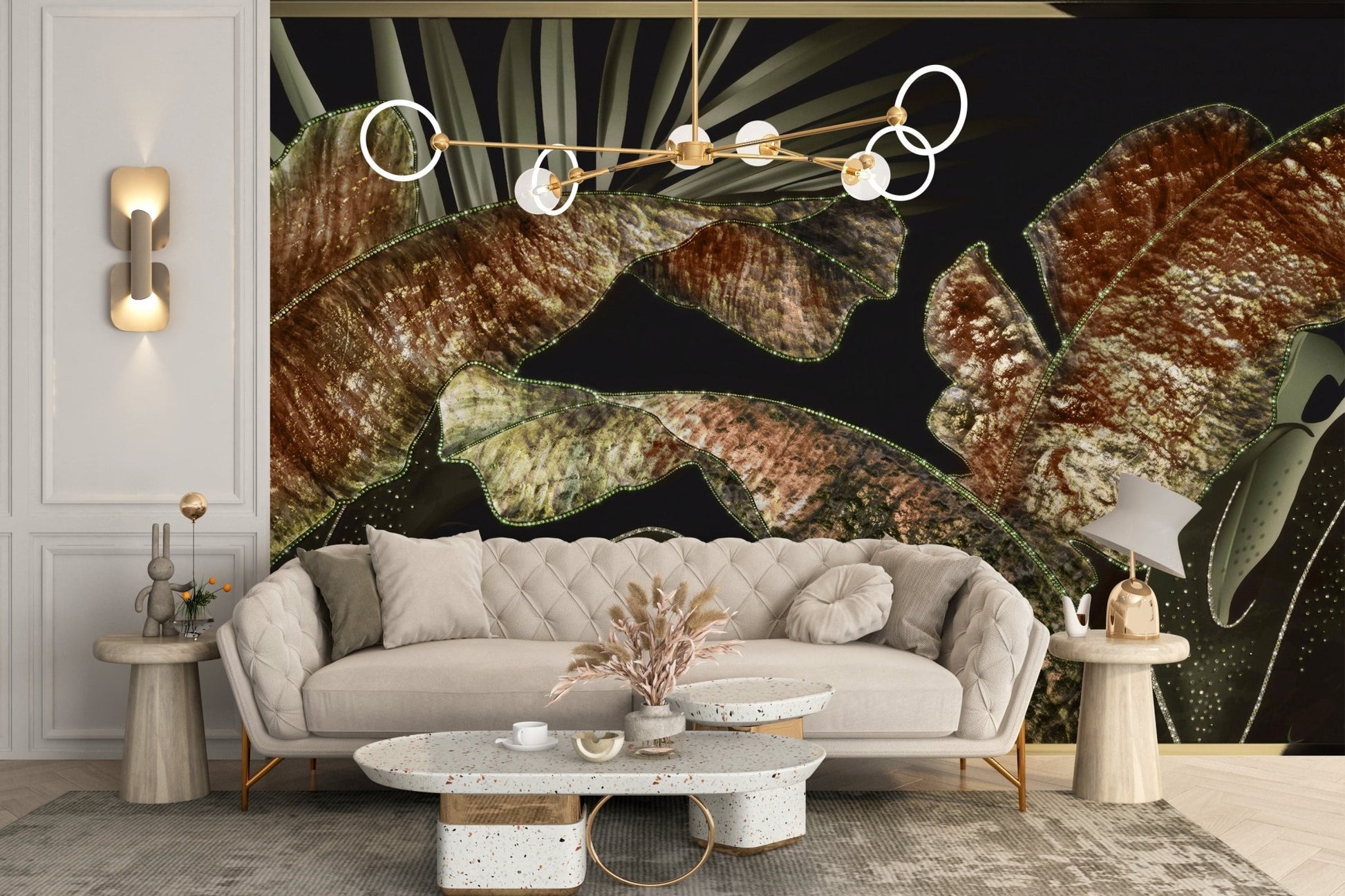 Living space with a cream sofa and textured tropical plant wall mural.