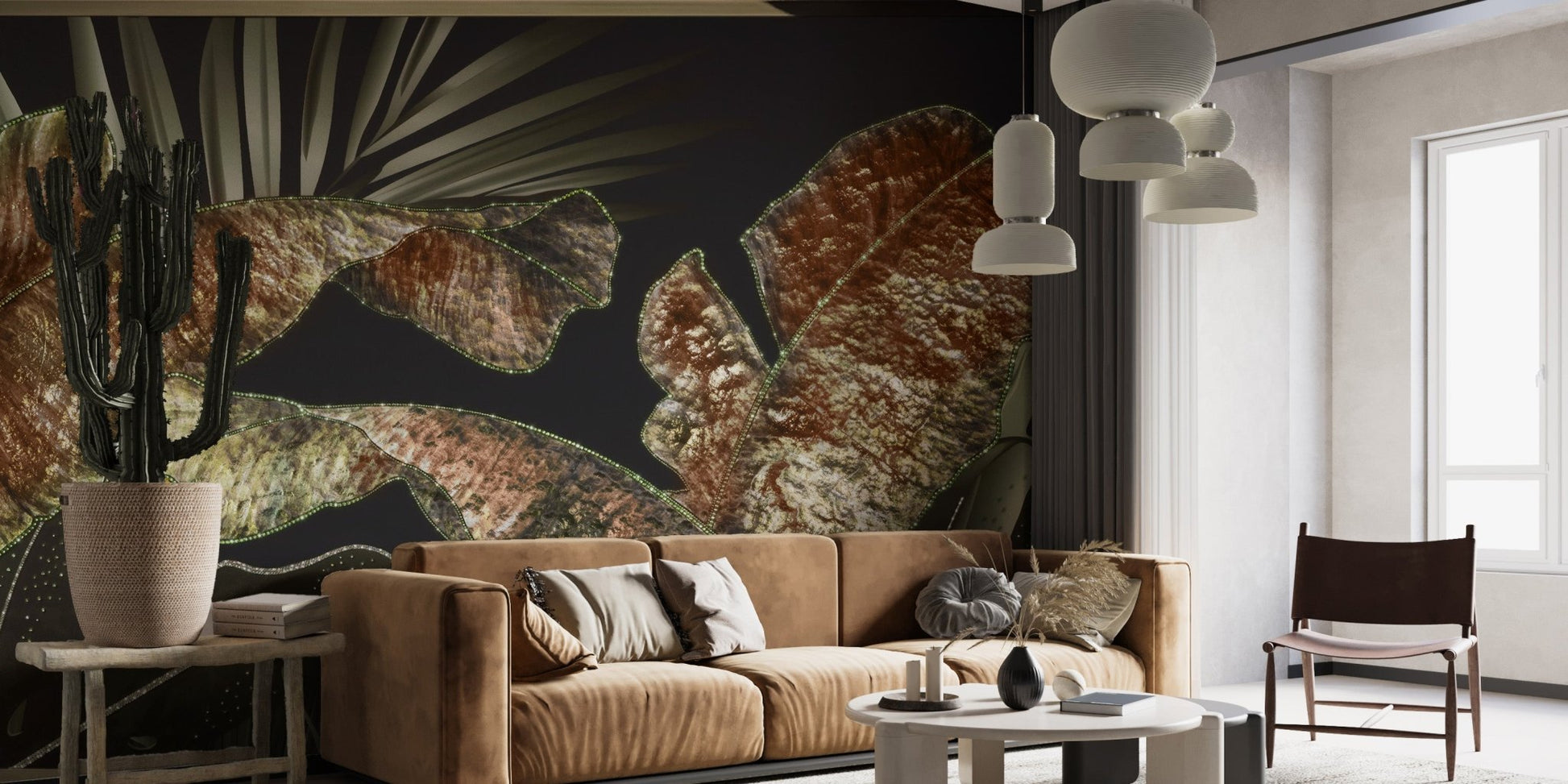 Modern seating area featuring brown leather sofas and tropical leaf wall mural.