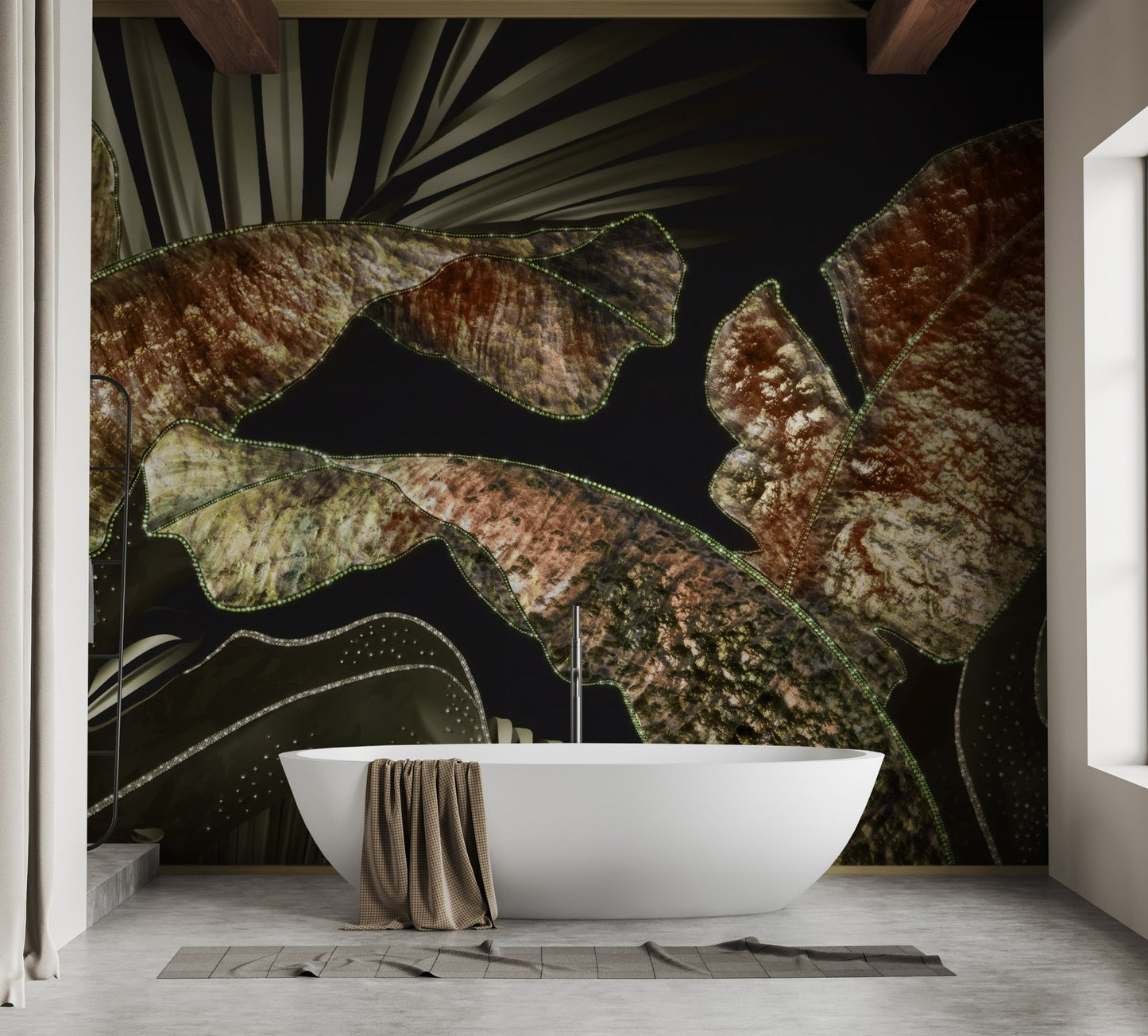 Modern bathroom with a white tub and waterproof tropical wall mural.