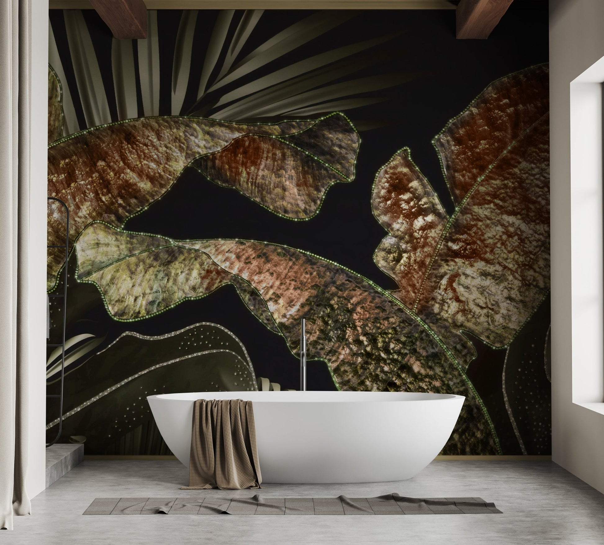 Modern bathroom with a white tub and waterproof tropical wall mural.