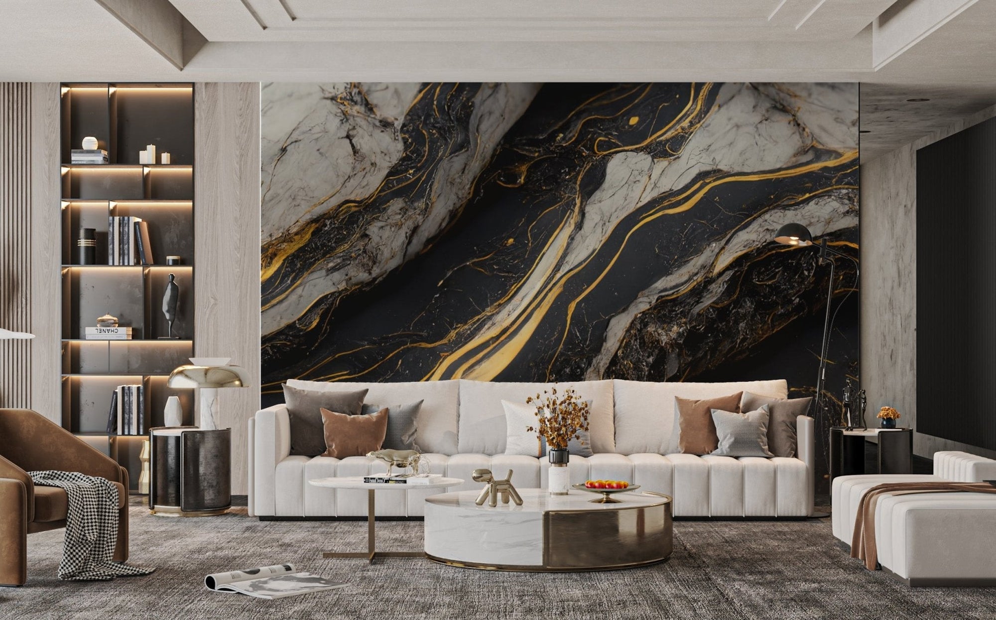Golden veined marble wall mural black and gold decor for living area.