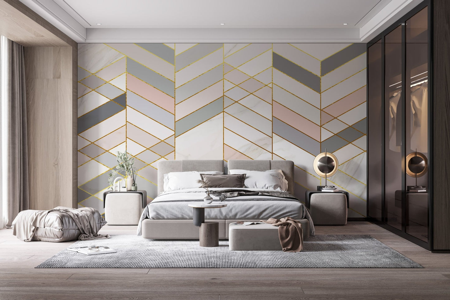 Bedroom with Golden Veins of Marble Geometry wall mural and grey bed.