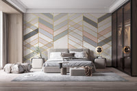 Bedroom with Golden Veins of Marble Geometry wall mural and grey bed.