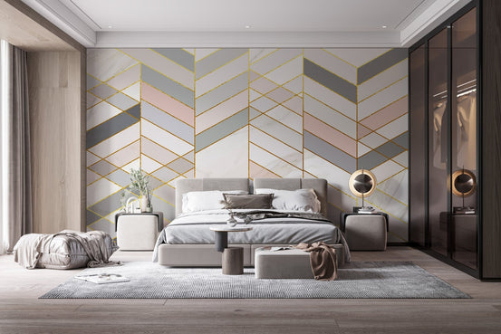 Bedroom with Golden Veins of Marble Geometry wall mural and grey bed.