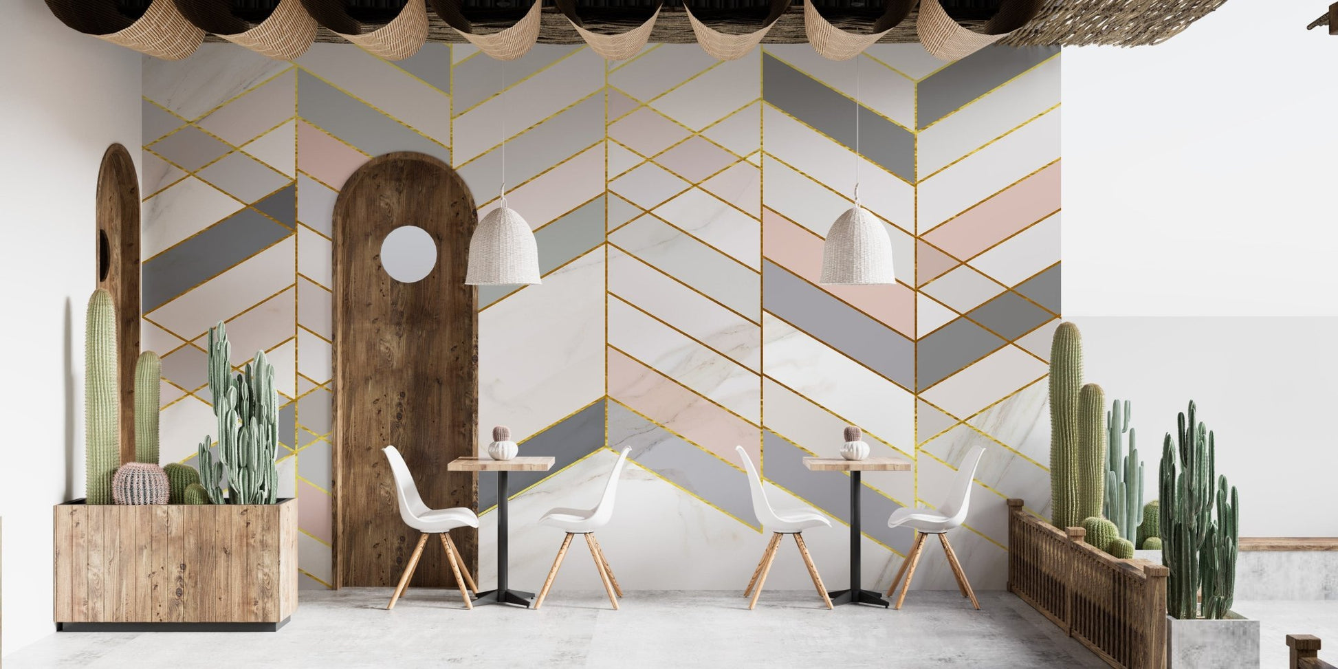 Cafe interior with Golden Veins of Marble Geometry wall mural and wooden chairs.