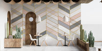 Cafe interior with Golden Veins of Marble Geometry wall mural and wooden chairs.