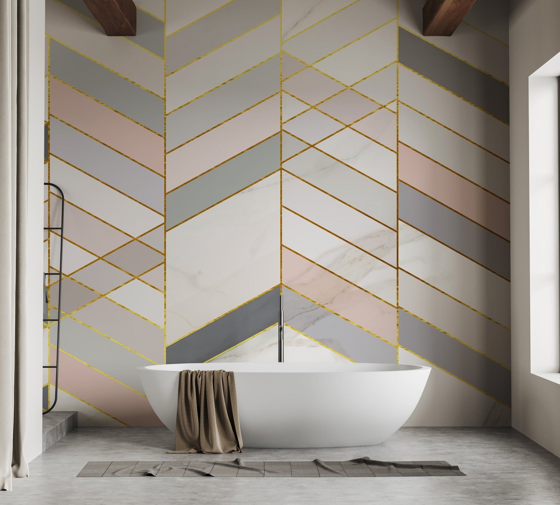 Minimalist washroom featuring Golden Veins of Marble Geometry wall mural.