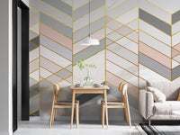 Dining room setting with marble geometric wall mural and minimalist furniture.