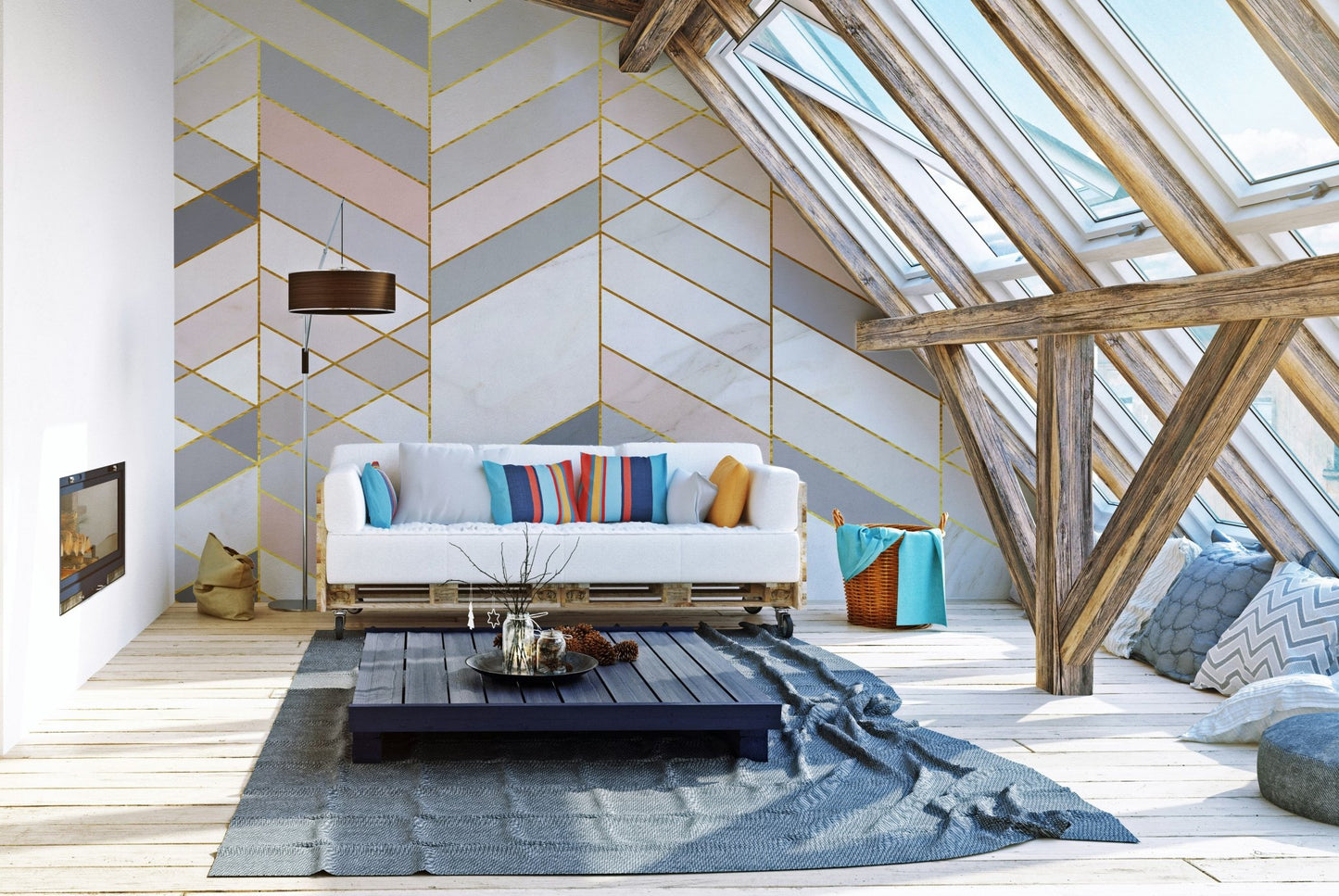 Living room attic space with chevron marble wall mural and white sofa.